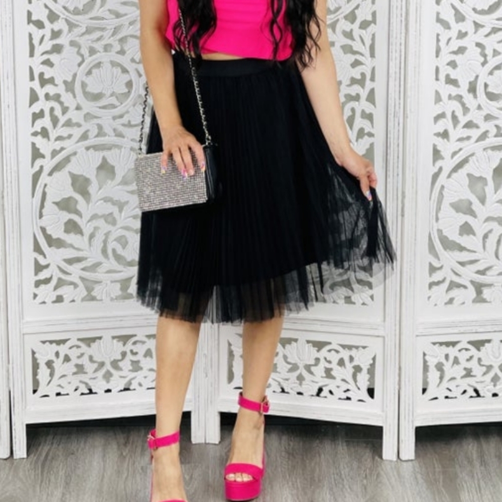 Black Double Layered Pleated Tulle Skirt. Size Medium.